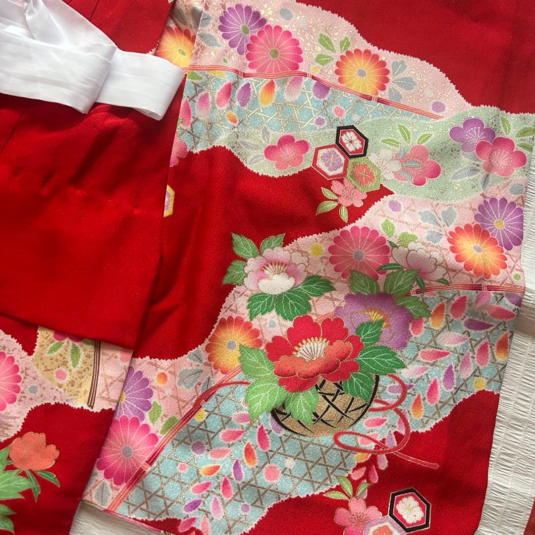 七五三 3歳 絞り 被布 着物 絹 三歳 赤 草履 753 女の子 子供着物 白