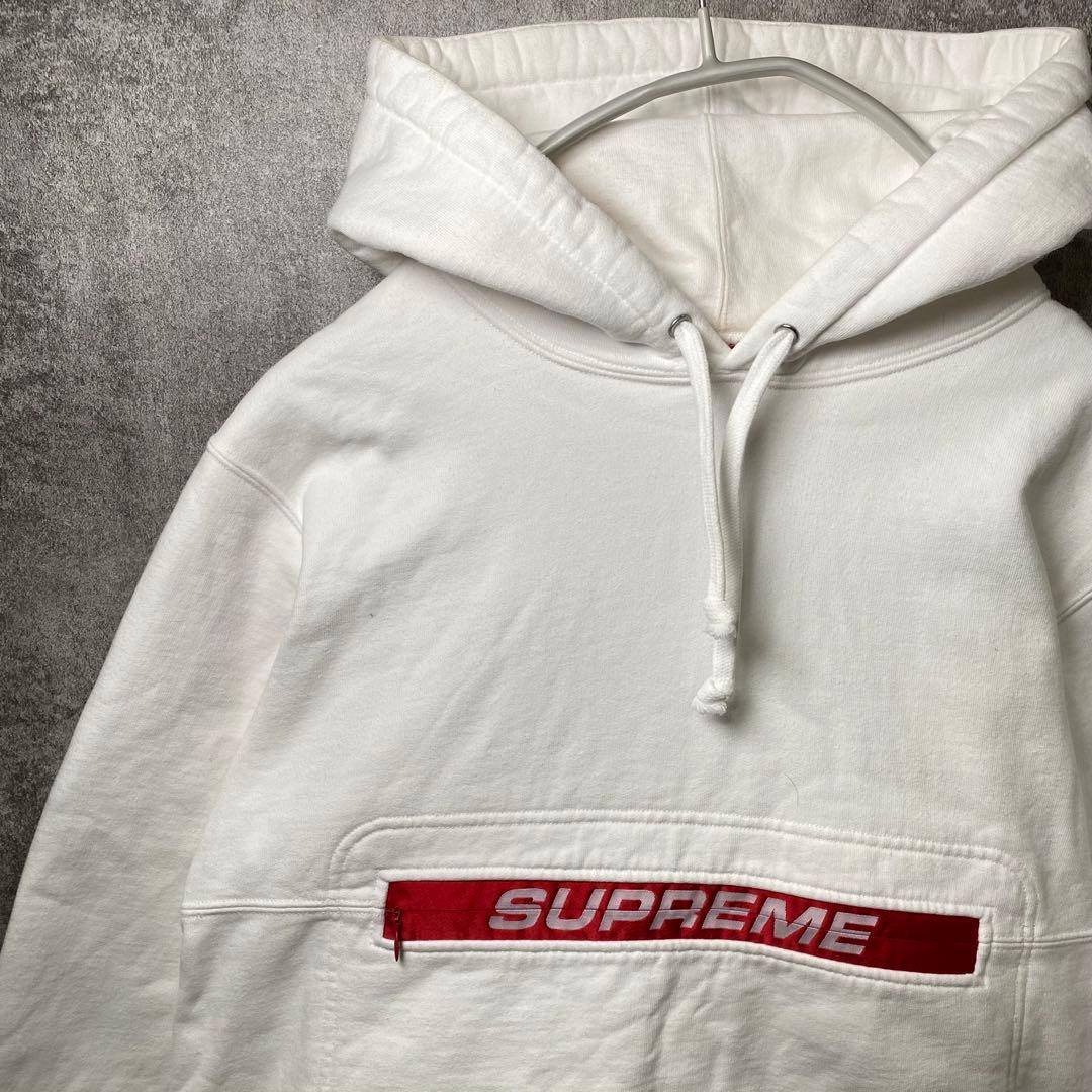 Supreme 赤ロゴ プルオーバーパーカー M ホワイト バーロゴ