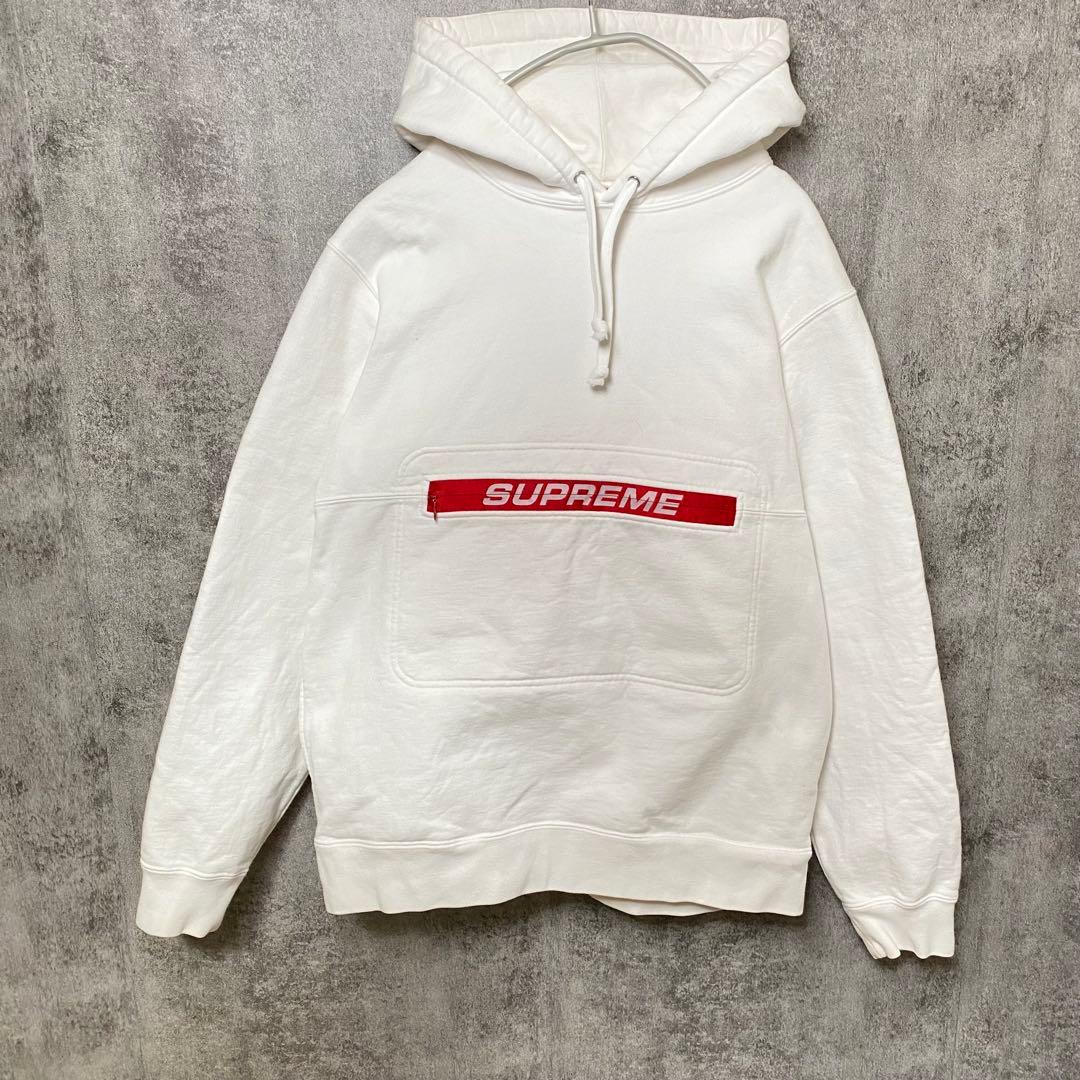 Supreme 赤ロゴ プルオーバーパーカー M ホワイト バーロゴ