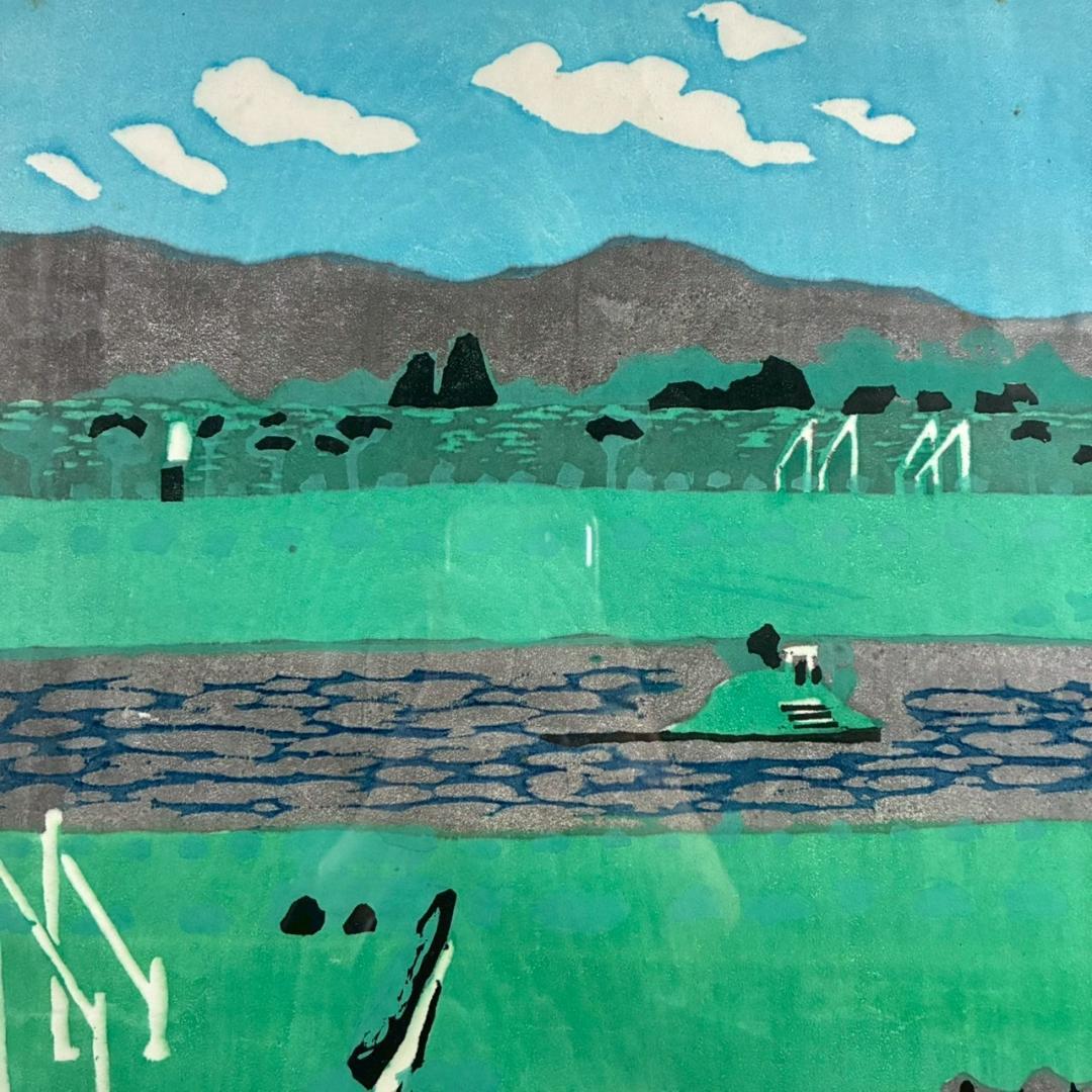 川西英「競馬場（淀）」木版画 直筆サイン入 額縁入 神戸を代表する木版画家