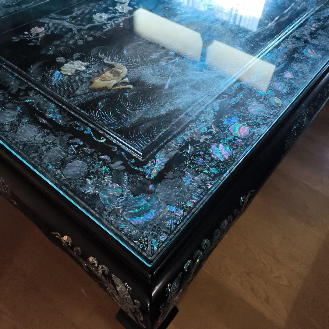 鄭鐘基作 最高級螺鈿座敷机 孔雀（くじゃく）紋 座卓（引取り限定）