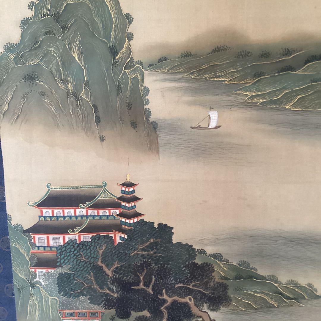 柳澤淇園　絹本着色　掛軸一幅【湖畔に浮かぶ風景画】岩絵具　軸先良品　模写　245