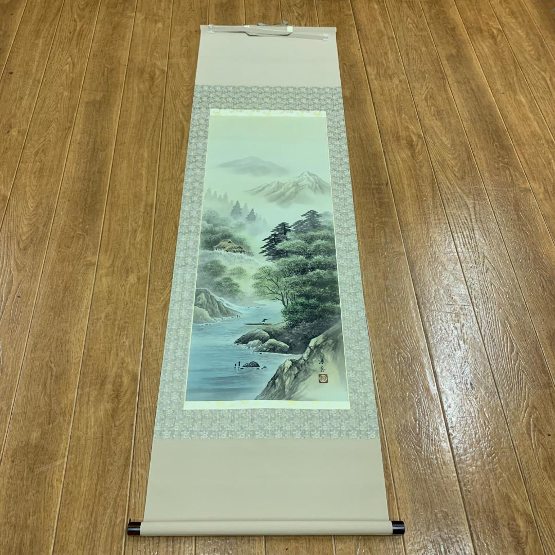 掛軸 森兼窓 時代彩色山水 共箱付き 尺五立 年中掛け 季節掛け 日本画 彩色画