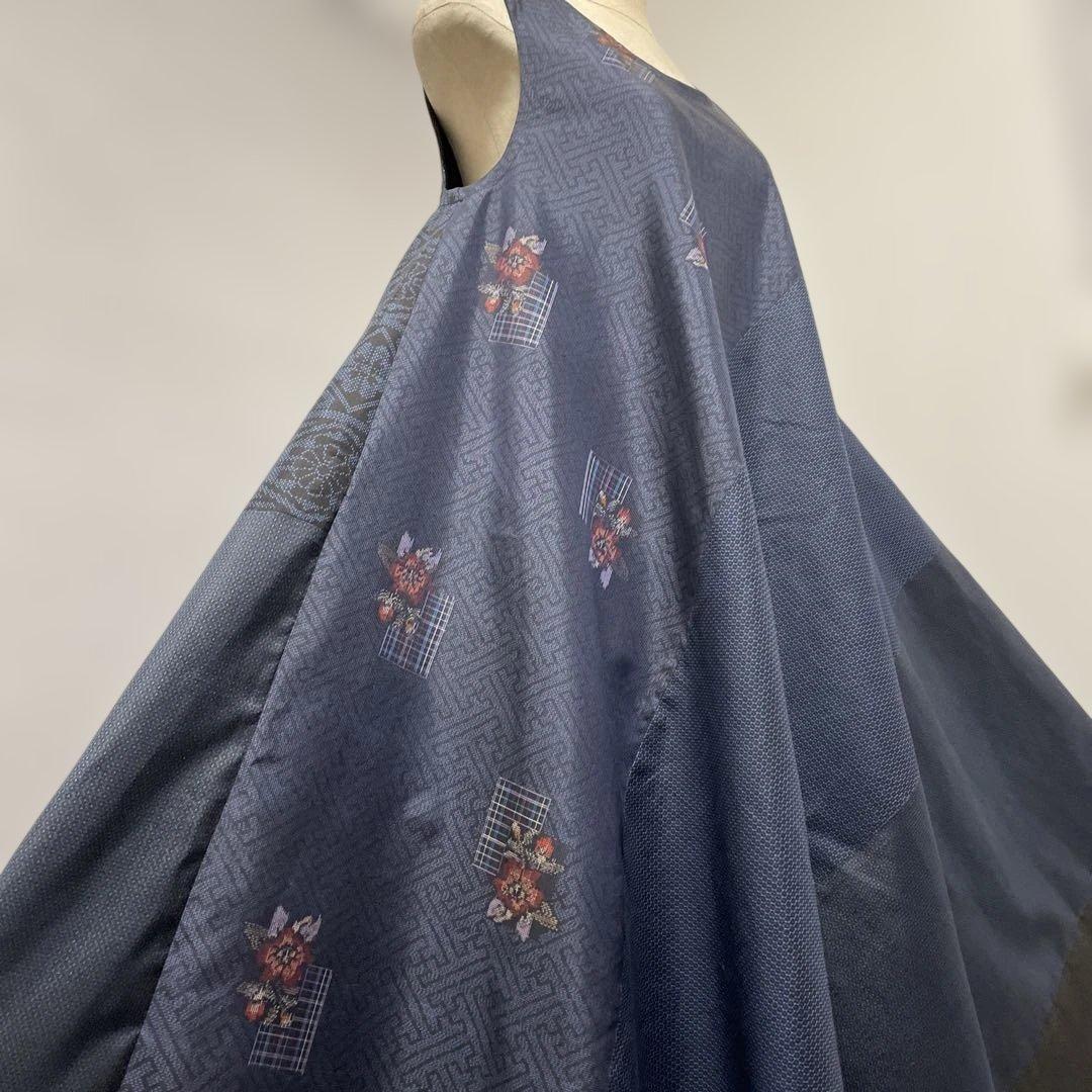 着物ワンピーステントラインロング丈《12》大島紬(証紙付き)等M〜L［紺系］