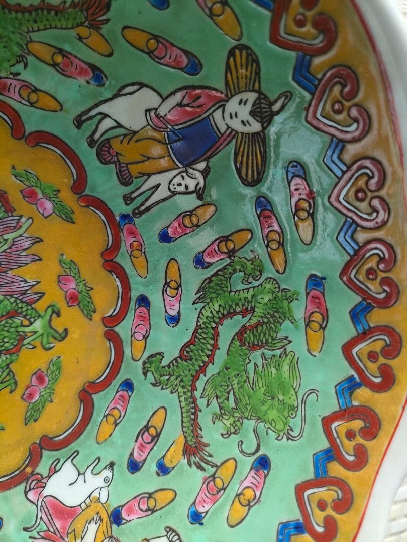 ●中国アンティーク 内側緑　小物入れ 彩色 磁器 骨董 骨董品 置物