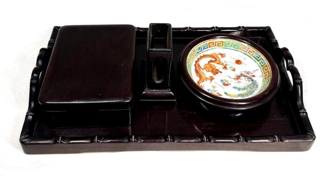 清時代 五彩龍鳳凰文皿 灰皿 乾隆年製? 唐木紫檀喫煙具セット WWWT109