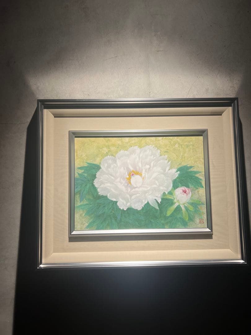 肉筆日本画　【純白の牡丹】　直筆サイン　印あり