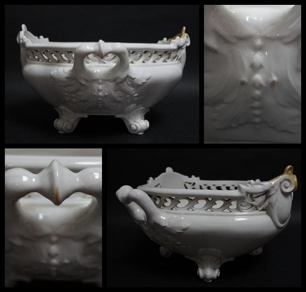 明治期 京都陶器會社作 白磁 細工彫り『花文』透かし彫 鉢 深鉢 飾り鉢 獣足