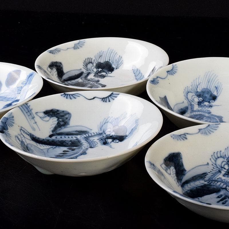 中国　南京染付　神獣文　小皿　豆皿　5客　時代箱付　C　R7810