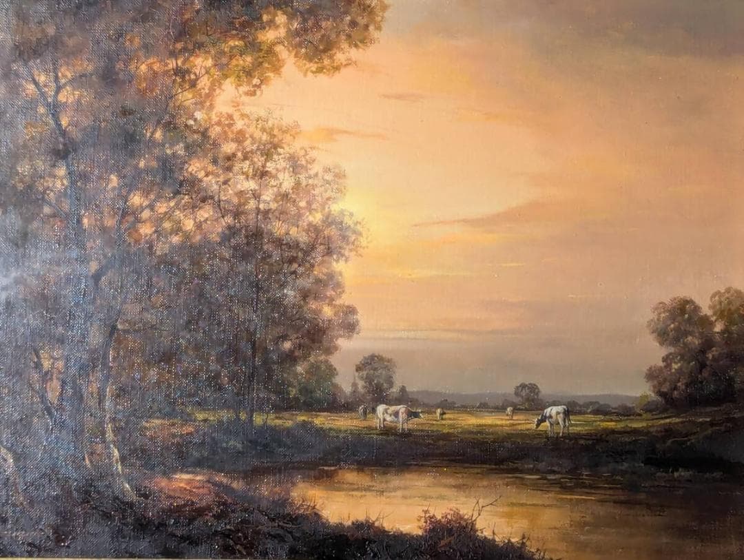 【真作】絵画　鈴木政輝　油彩8号　静かな水辺　運輸大臣賞　箱・黄袋入　T156