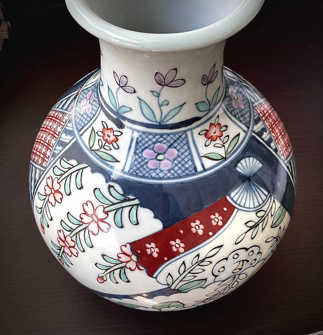 №８７６　佐藤走波（六代）　花瓶or つぼ　染錦　扇絵辻が花文【特特選•一点物】