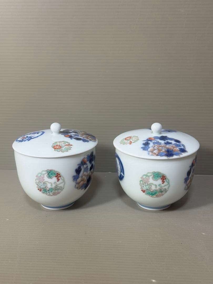 2394 深川製磁 染錦花丸文　湯呑蓋付　2客　時代物