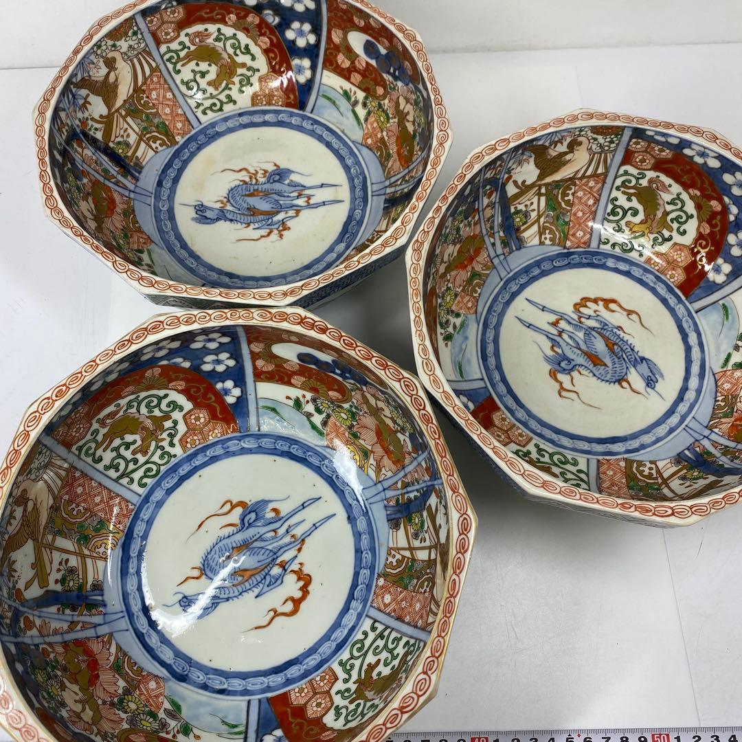 古伊万里　染錦　面取　鉢3点　麒麟図　タサコサ　東さ7-1124③