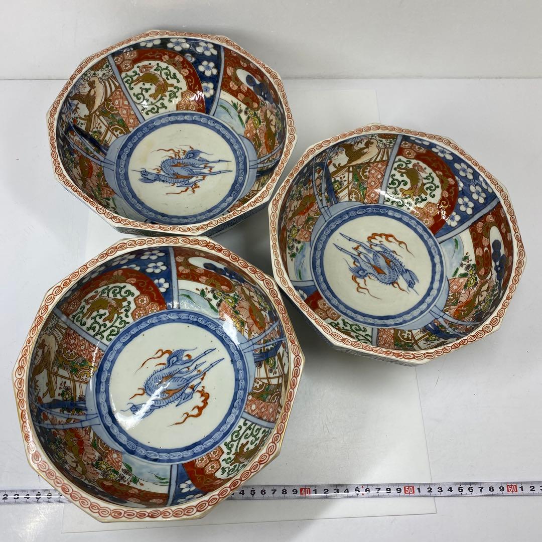 古伊万里　染錦　面取　鉢3点　麒麟図　タサコサ　東さ7-1124③