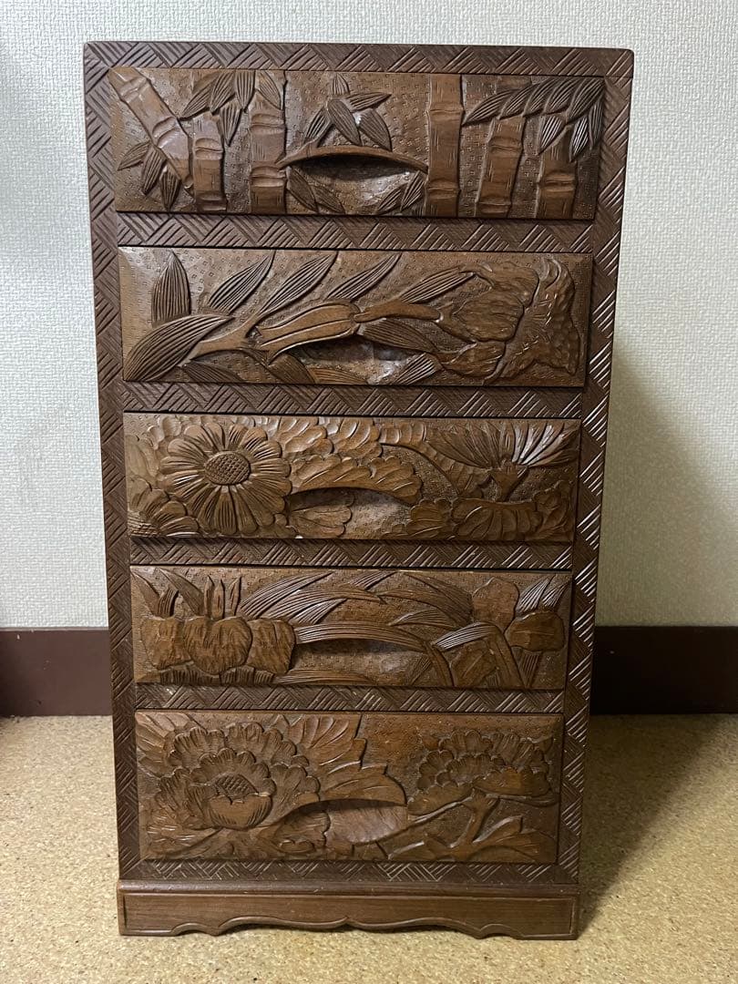 希少　アンティーク　日光彫？軽井沢彫？箪笥　5段式　引き出し　入手困難