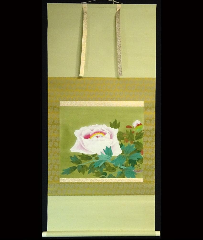 【真作】掛軸 飯島柳三郎『牡丹』絹本 肉筆 共箱付 掛け軸 a090311