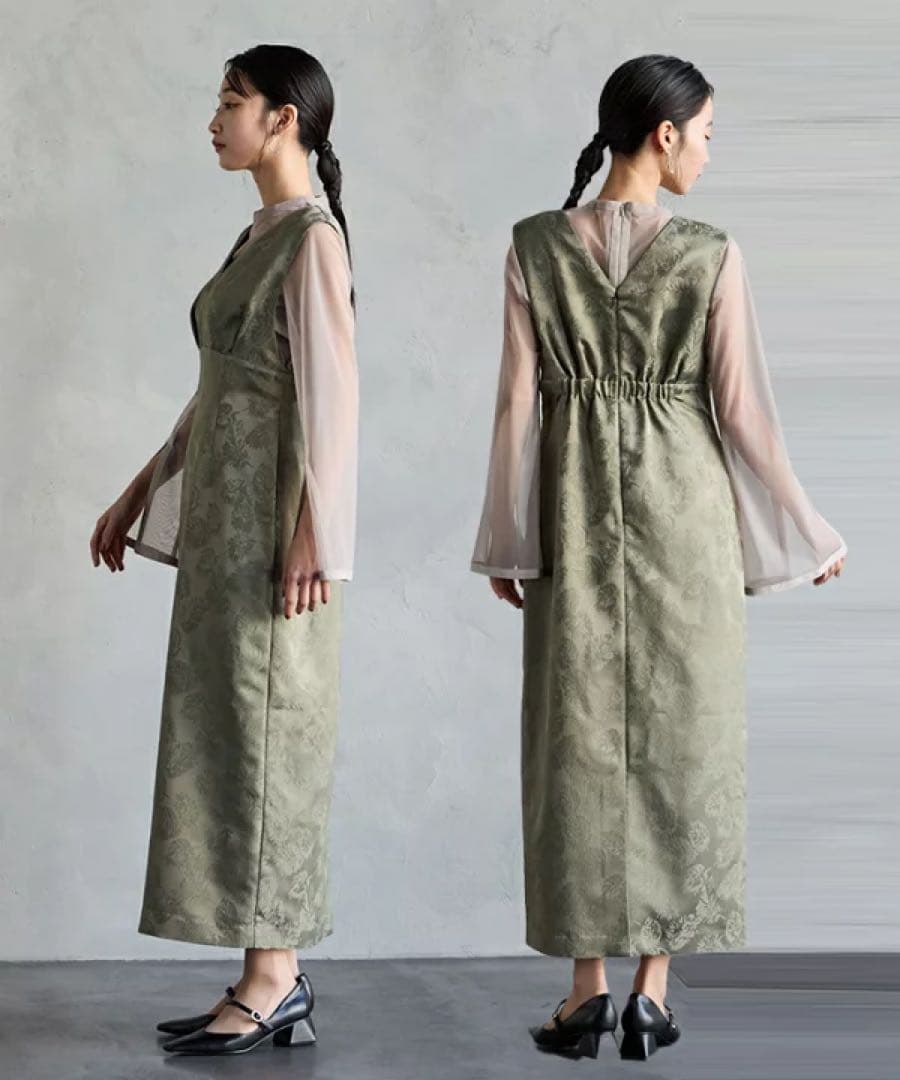 チュールブラウス付きジャガードIラインドレス