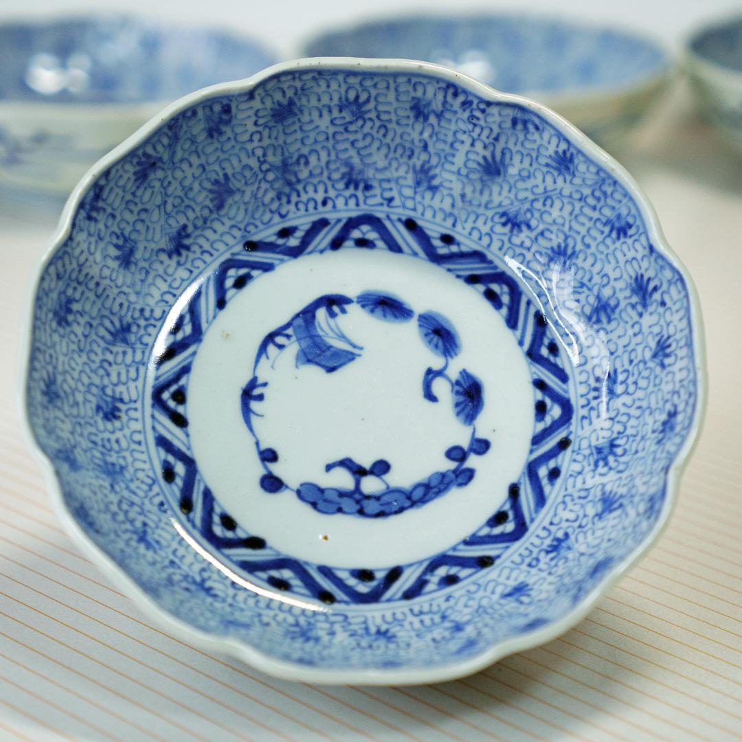 古伊万里　染付　微塵唐草 輪花縁　なます皿　成化年製 5枚セット