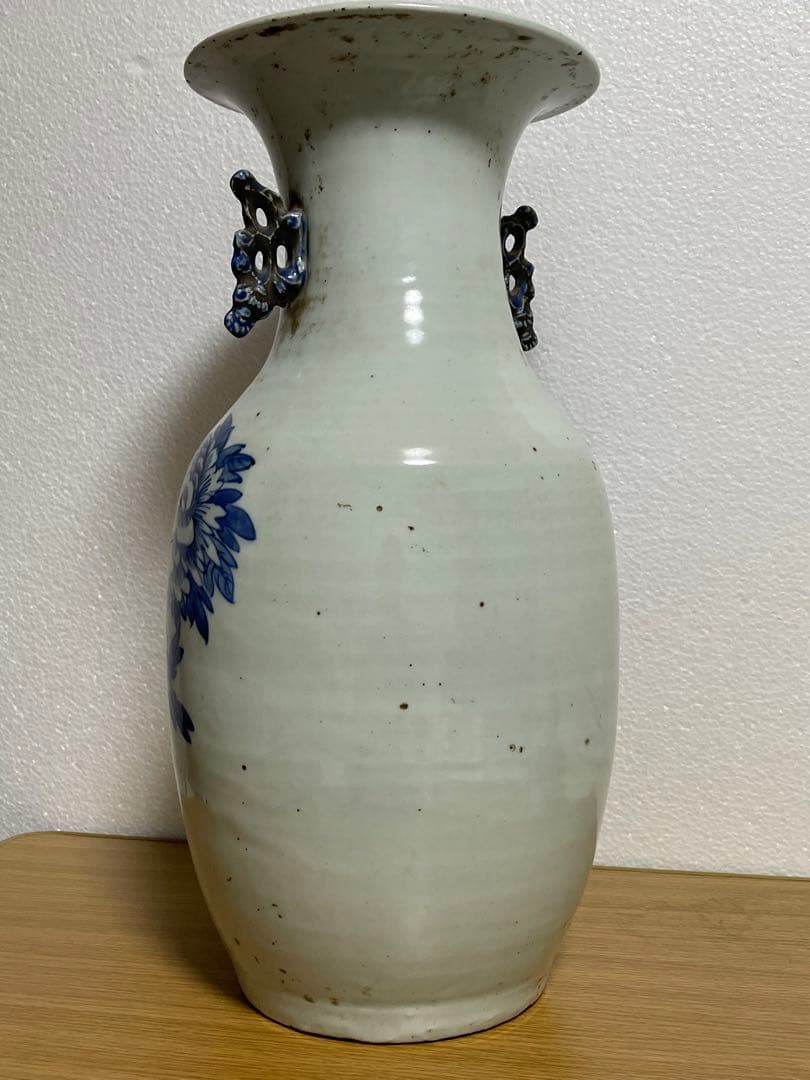 中国古玩　染付 双耳 大花瓶 高約43.2cm 清朝 時代物 中国美術 花瓶