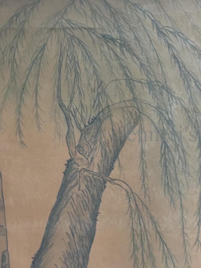 中国古美術・純手描き柳陰対弈図・六尺掛軸・水彩画・唐寅印款・書道品・絹本・肉筆