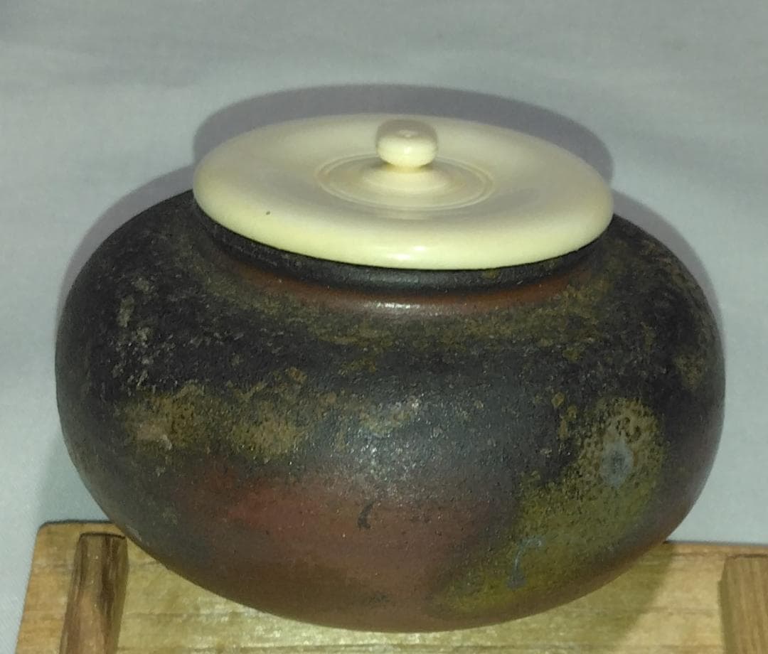 茶道具　備前焼　木村陶峰作　備前桟切焼大海茶入　高昌吉洋文仕覆付　美品！！