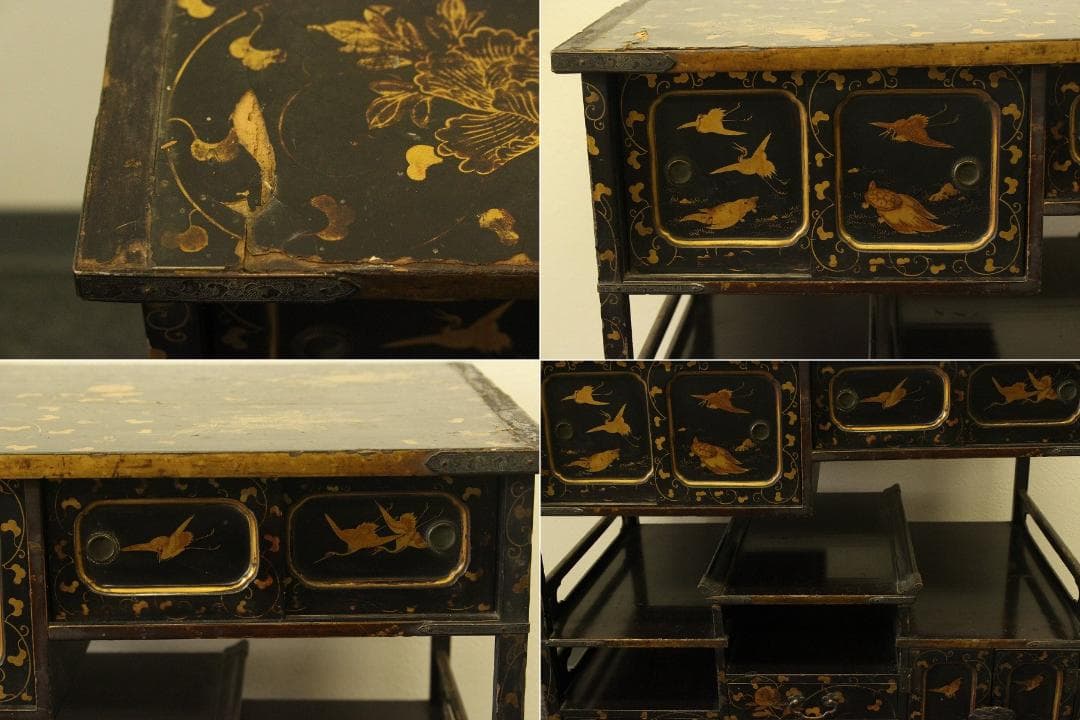 小夜 古美術 纏枝蓮花紋 吉祥蒔絵 棚 時代物 大名道具(AZ999)