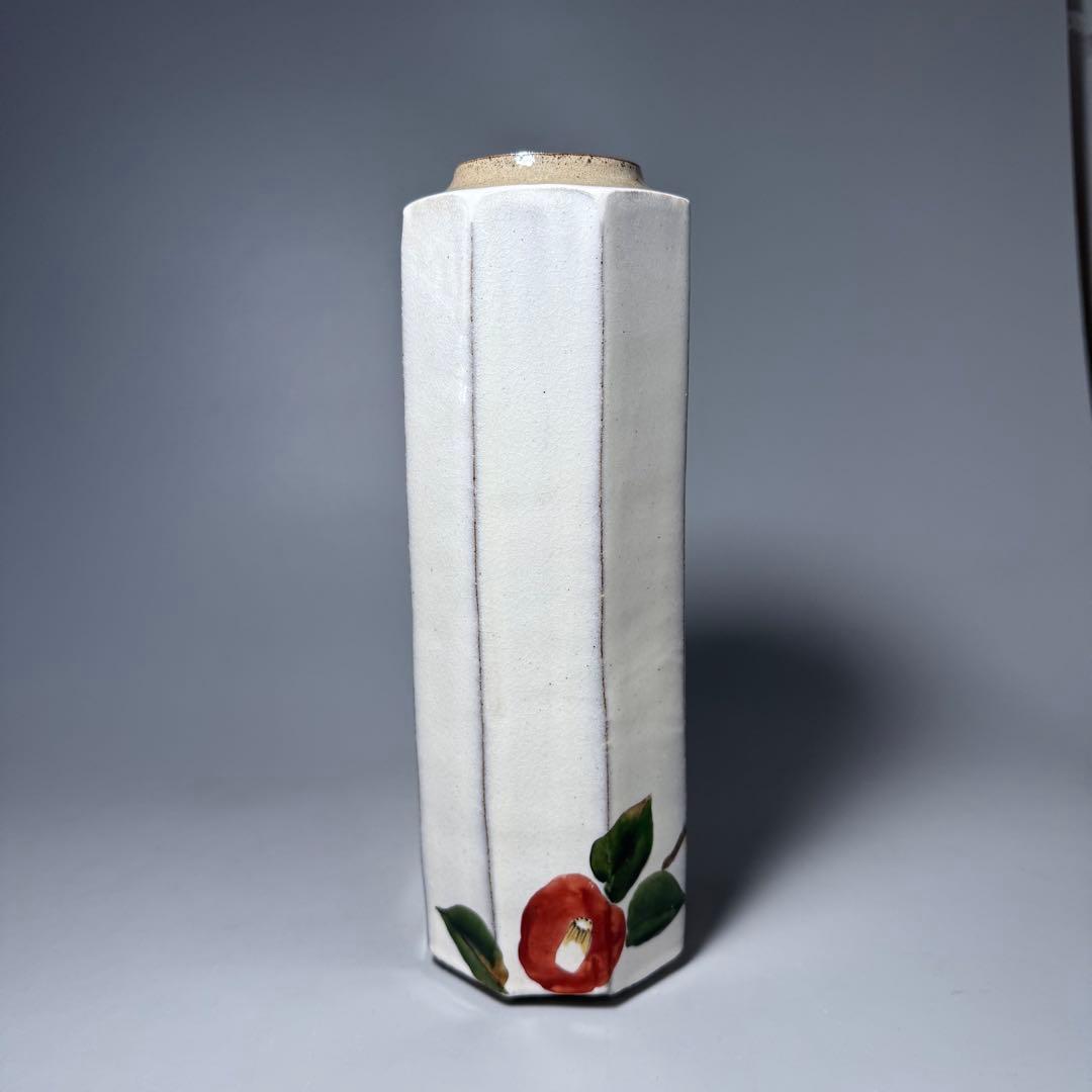 日本工芸会正会員　古川隆久　作　釉彩　椿文　花瓶　共箱 　益子焼　人気陶芸家