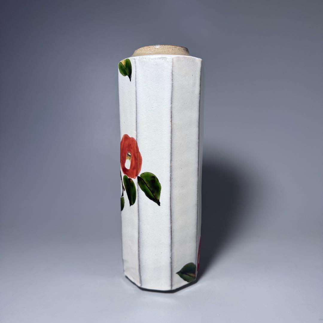 日本工芸会正会員　古川隆久　作　釉彩　椿文　花瓶　共箱 　益子焼　人気陶芸家