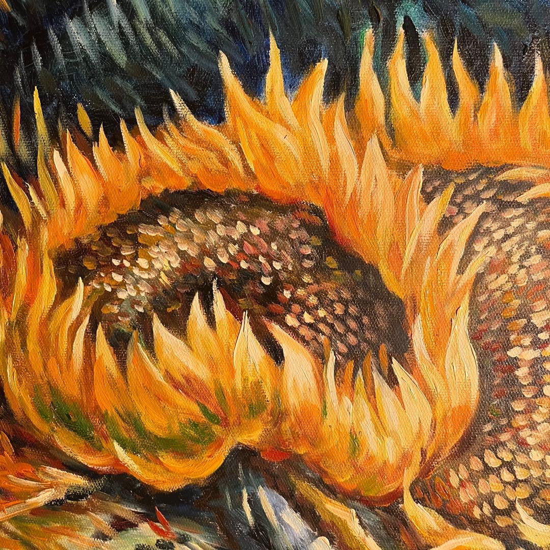 ★秀作★ 手描き油絵 ゴッホ 4本の切ったひまわり 絵画 インテリア 油彩画