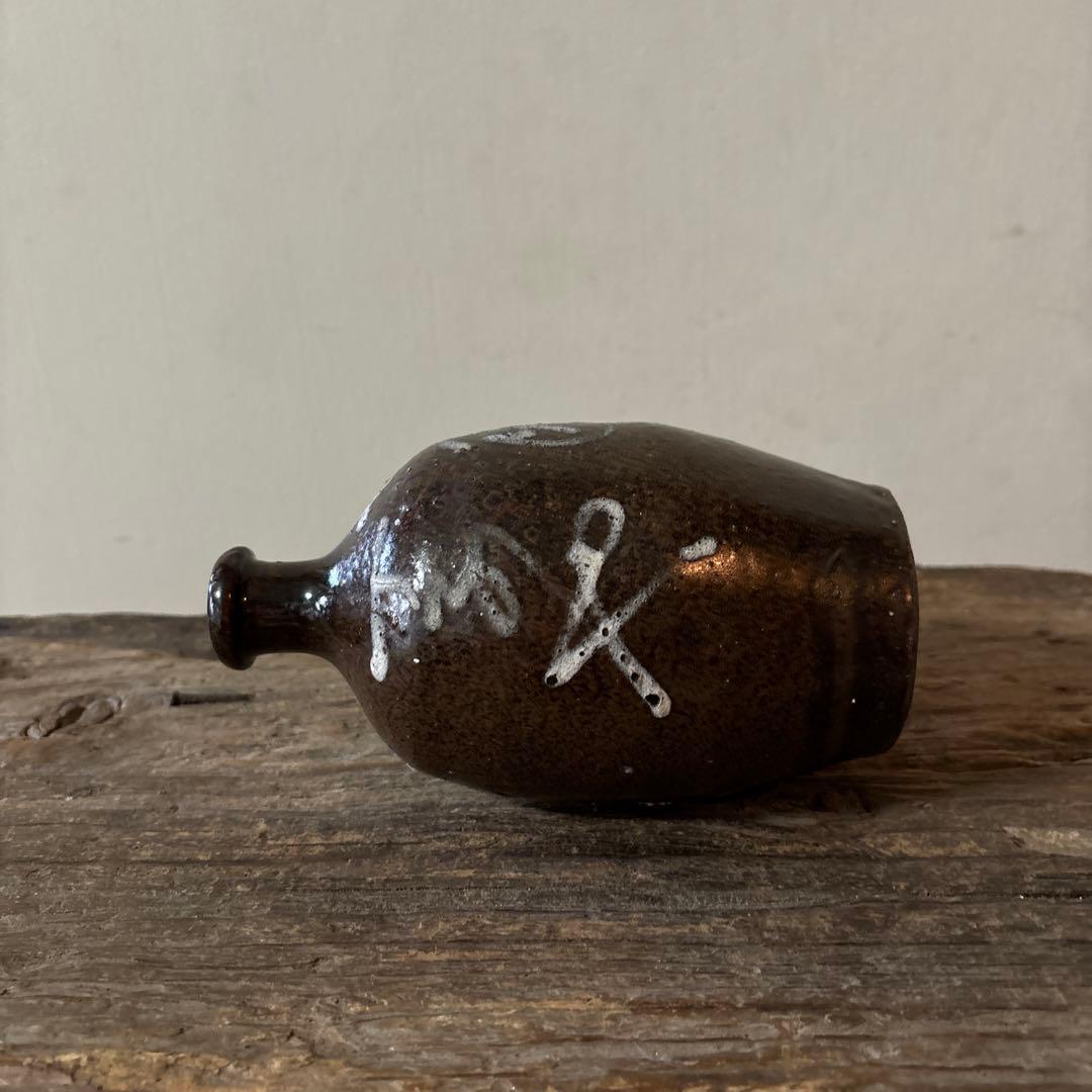 丹波　イッチン紋栗酒小徳利　16cm 明治　花入酒器　骨董.花入.古民芸.筒描