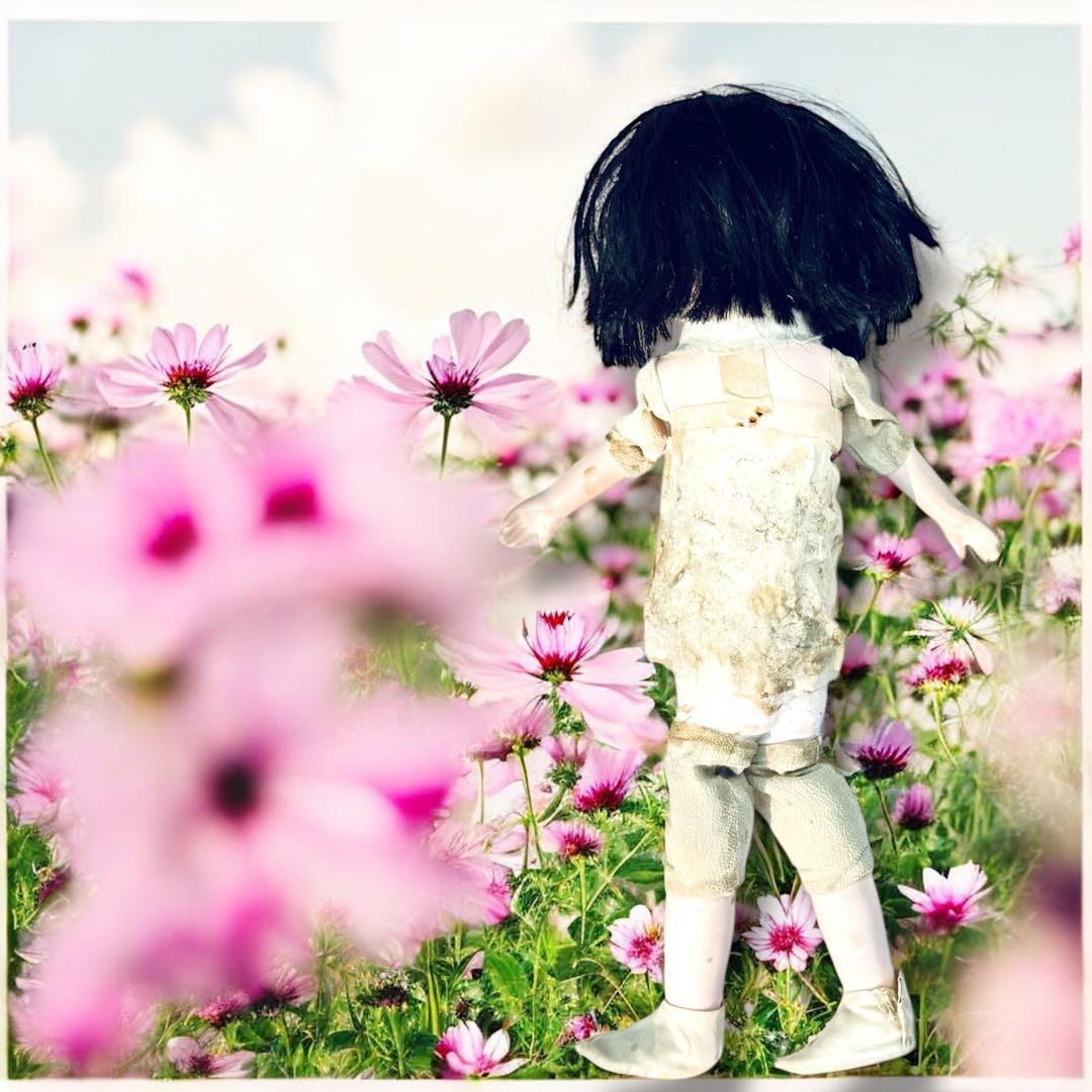 市松人形 明治期 三つ折れ ふいご 山桜 青縮緬着物 花柄 ガラス目 希少 泣き