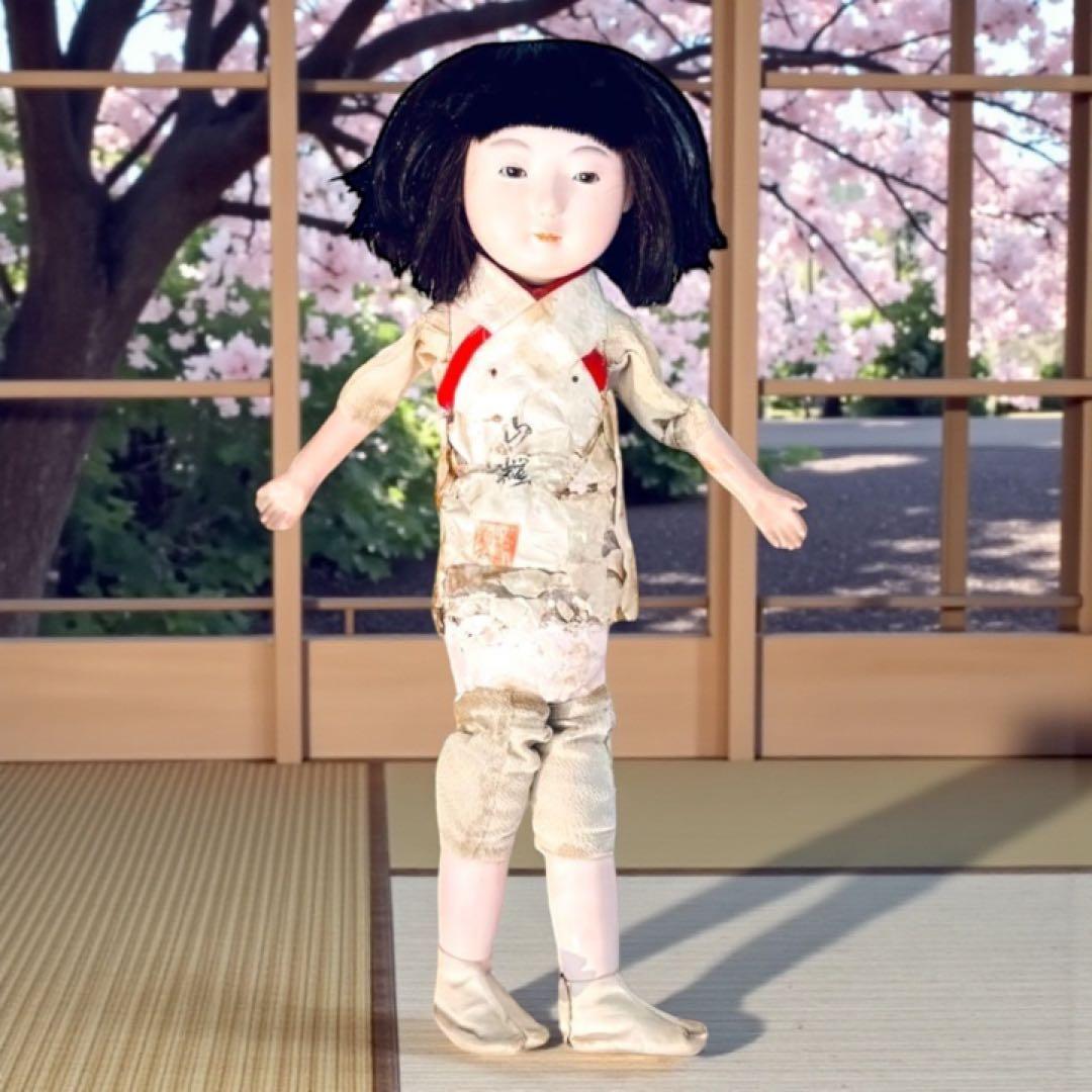 市松人形 明治期 三つ折れ ふいご 山桜 青縮緬着物 花柄 ガラス目 希少 泣き