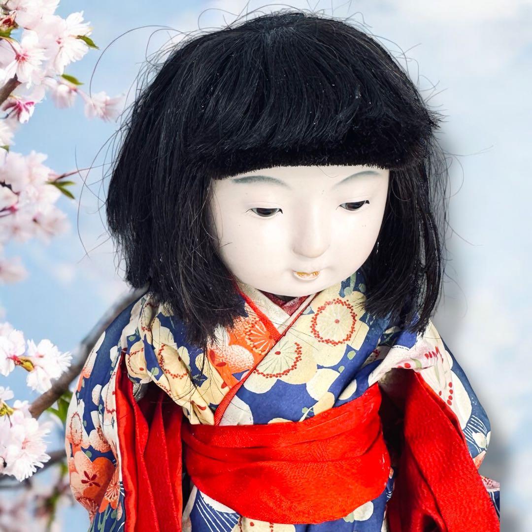 市松人形 明治期 三つ折れ ふいご 山桜 青縮緬着物 花柄 ガラス目 希少 泣き