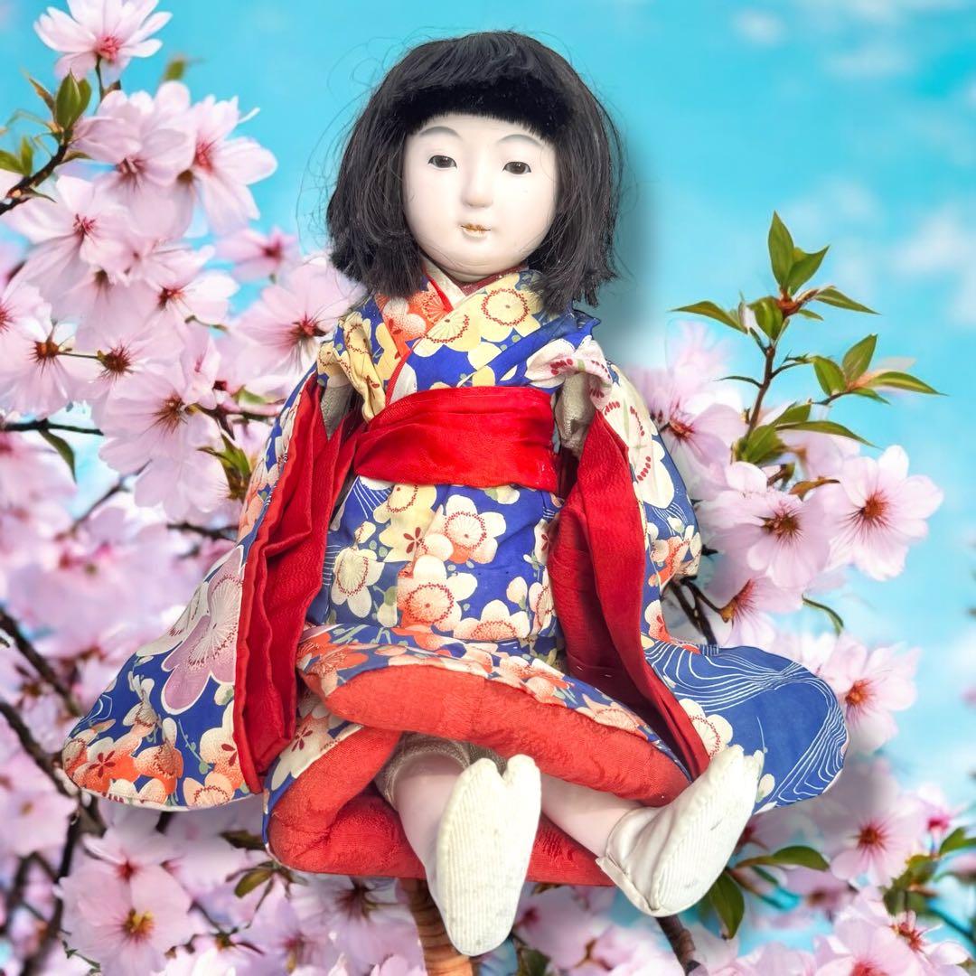 市松人形 明治期 三つ折れ ふいご 山桜 青縮緬着物 花柄 ガラス目 希少 泣き