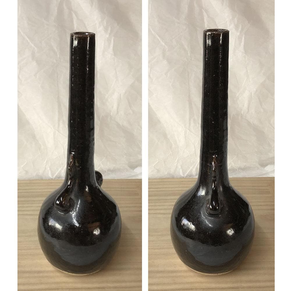 e3077 三浦竹軒 黒釉 鶴首 耳付 花入 共箱 茶道具