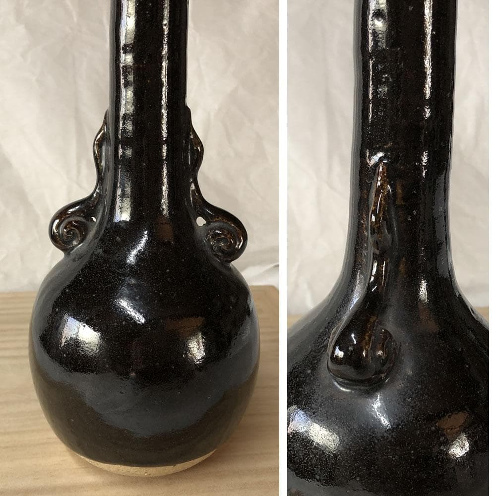 e3077 三浦竹軒 黒釉 鶴首 耳付 花入 共箱 茶道具