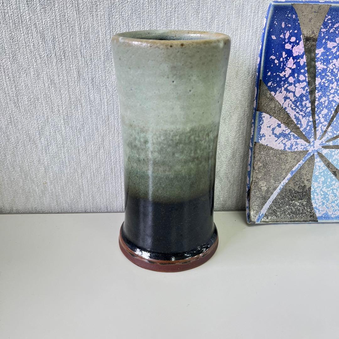 作家物　益子焼　浜田晋作　掛合釉　花生　花器　花瓶　　瀬戸浩　銀彩　板皿　作家