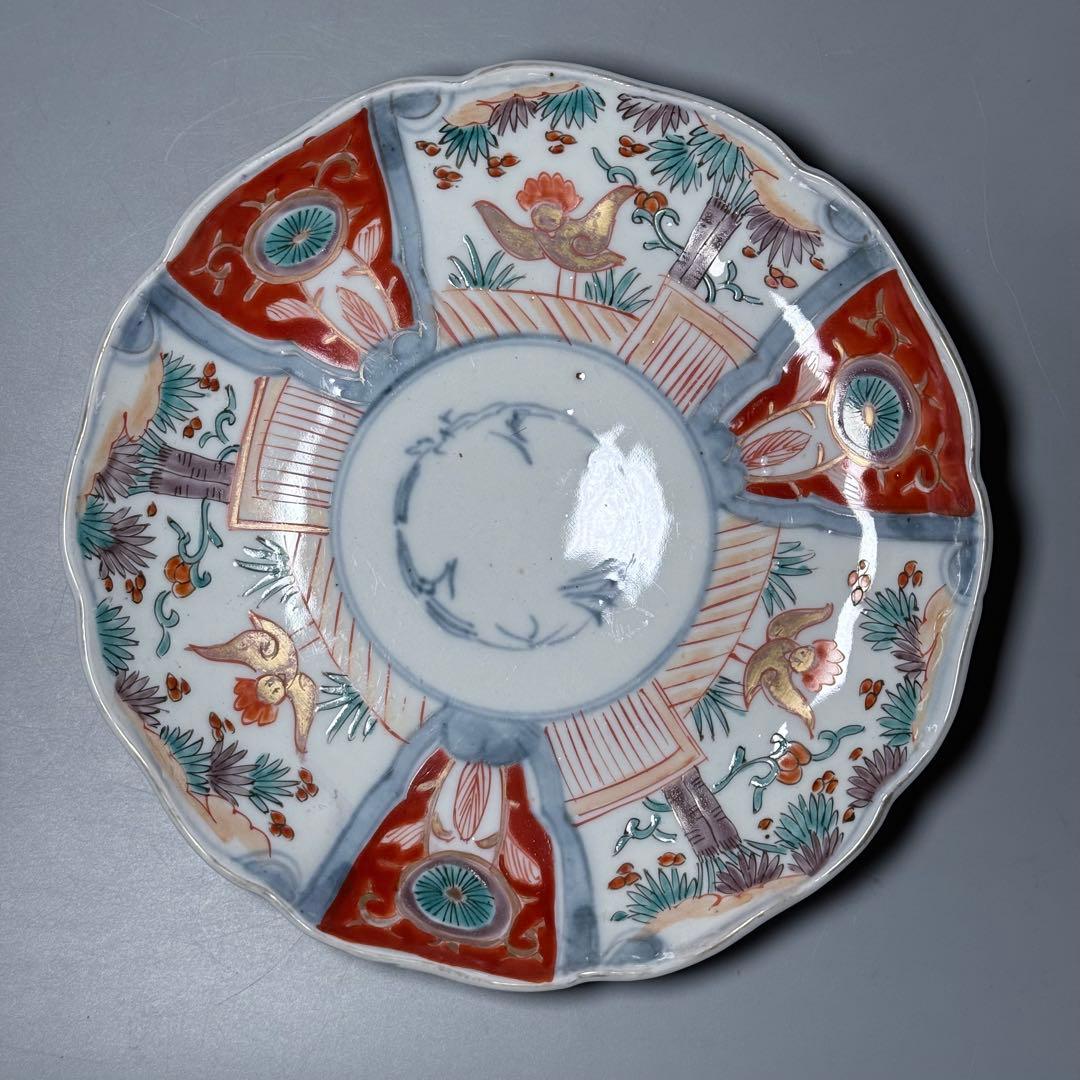 古伊万里　色絵花鳥図輪花形七寸皿　松竹梅　裏巻物文様　江戸期　金蘭手　最後の四枚