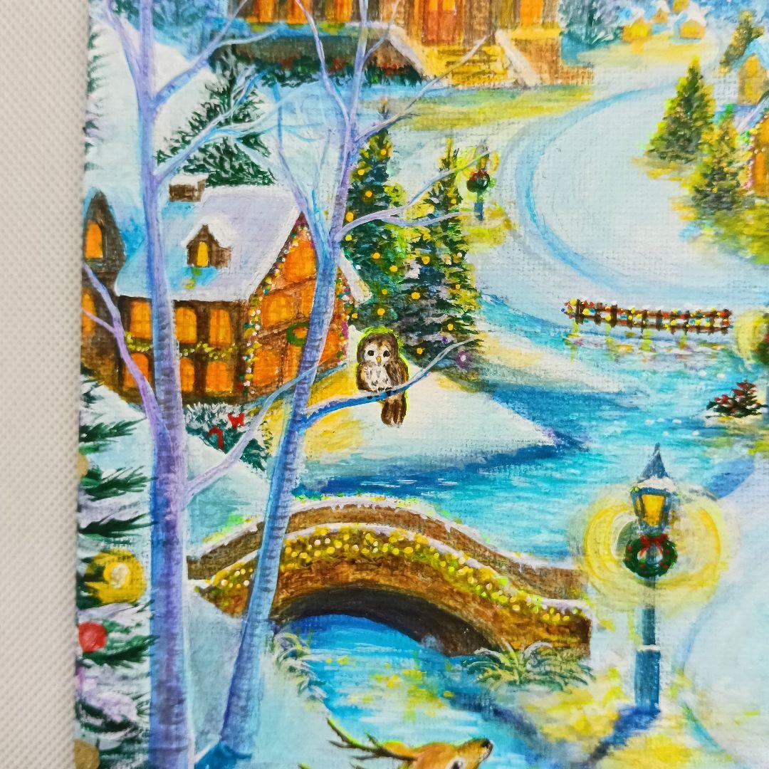 No.555 大きめF4 クリスマス　雪景色　冬景色　鹿　アクリル画　原画