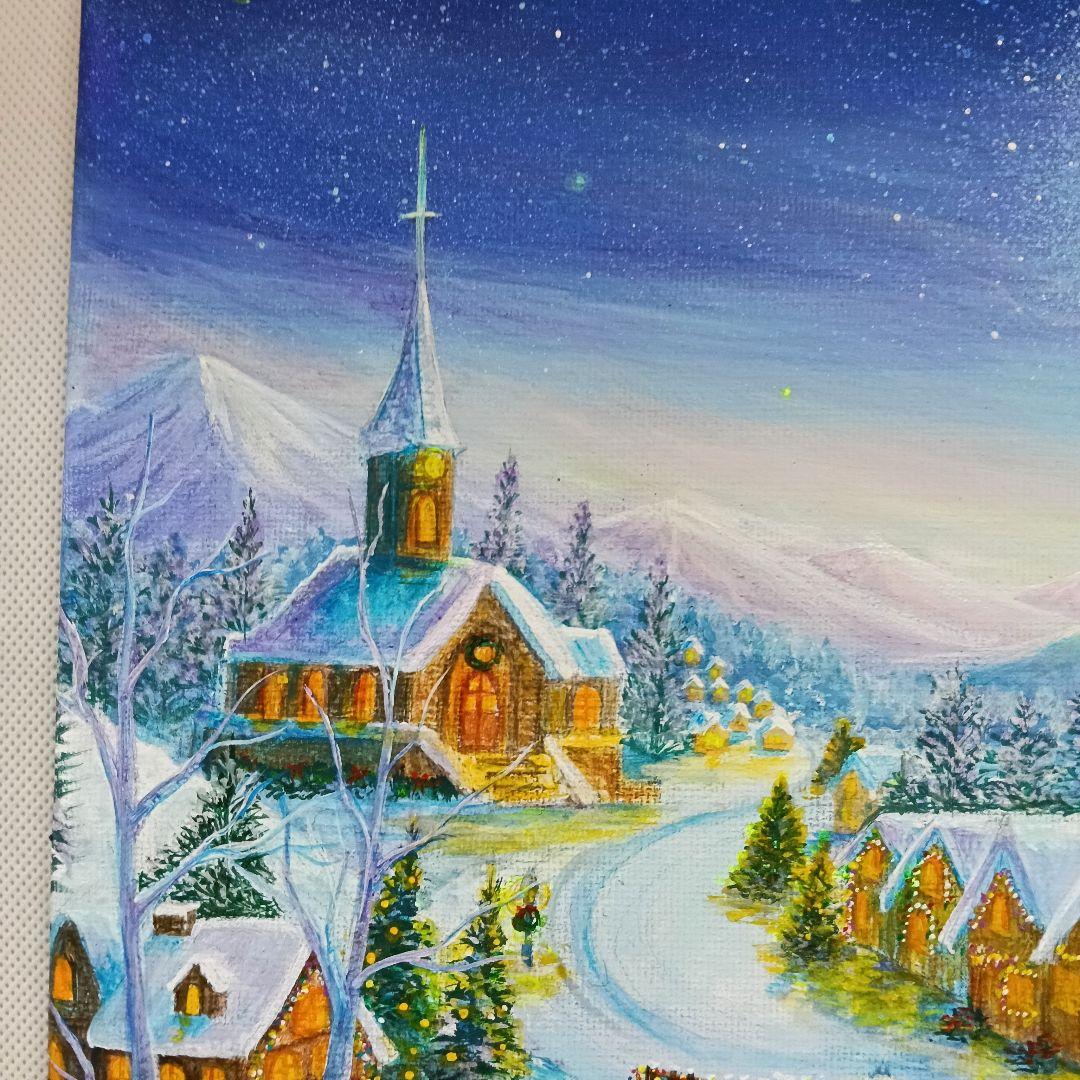 No.555 大きめF4 クリスマス　雪景色　冬景色　鹿　アクリル画　原画