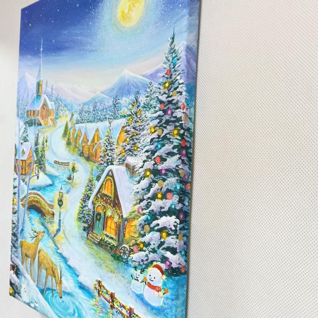 No.555 大きめF4 クリスマス　雪景色　冬景色　鹿　アクリル画　原画