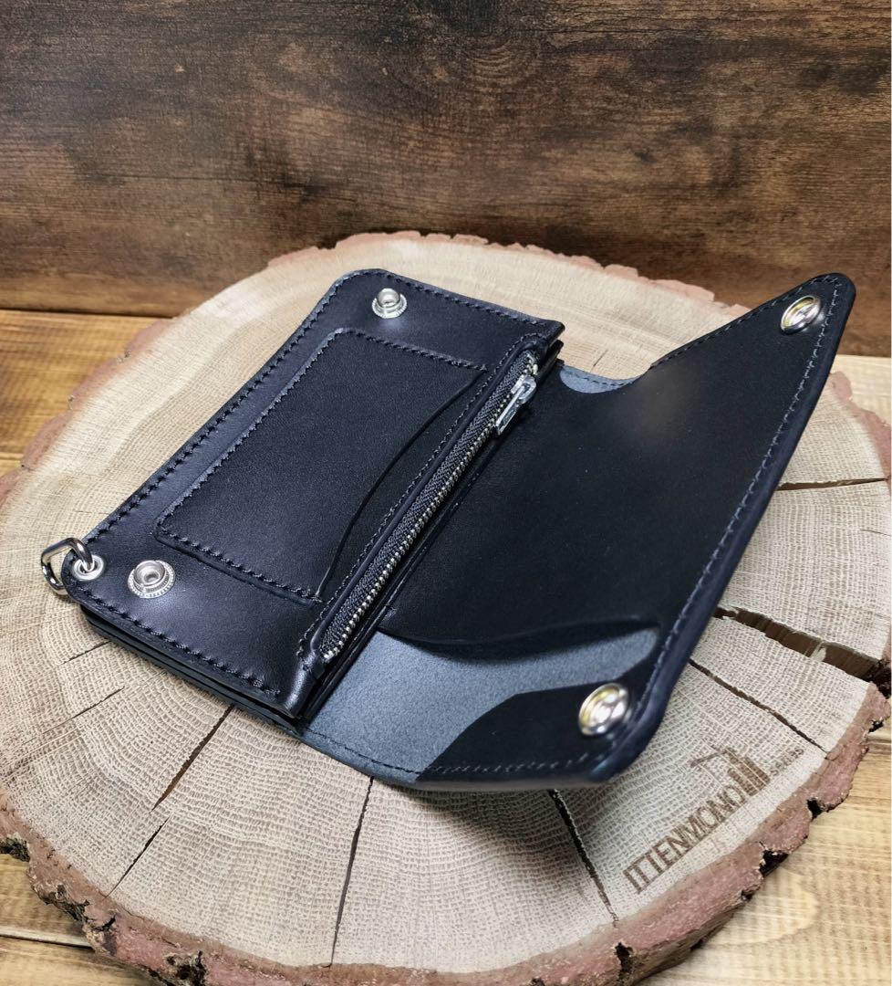 栃木レザー　札ポケット付きミドルトラッカーウォレット3層　黒　ハンドメイド
