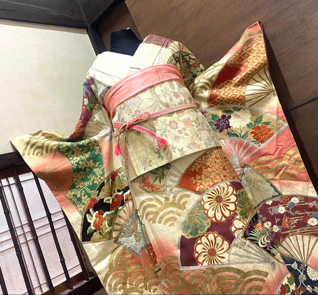 振袖フルセット6点サイズM〜Ｌ駒刺繍　扇面花文　暈し染め　金銀彩　金銀糸　正絹