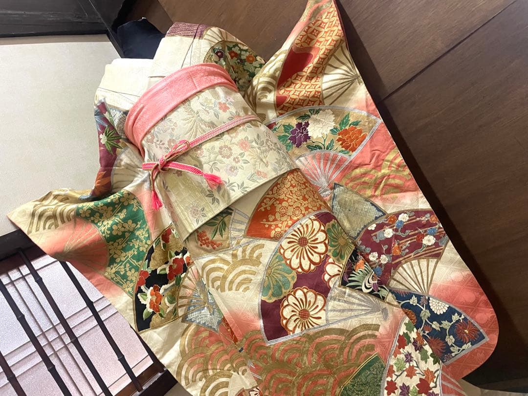 振袖フルセット6点サイズM〜Ｌ駒刺繍　扇面花文　暈し染め　金銀彩　金銀糸　正絹