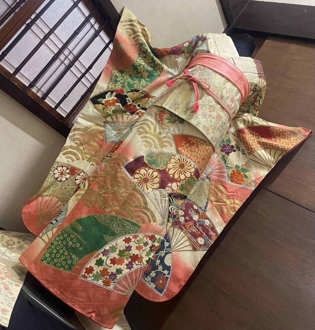 振袖フルセット6点サイズM〜Ｌ駒刺繍　扇面花文　暈し染め　金銀彩　金銀糸　正絹