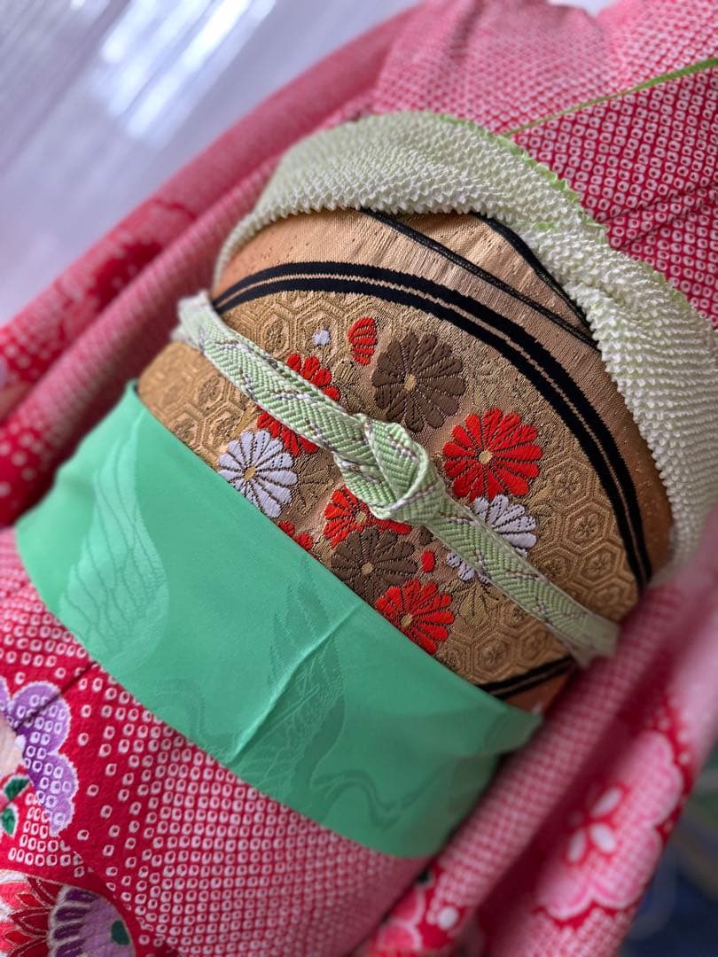 7歳七五三フルセット 赤×白×紫 絞り風花柄着物と立涌模様の帯