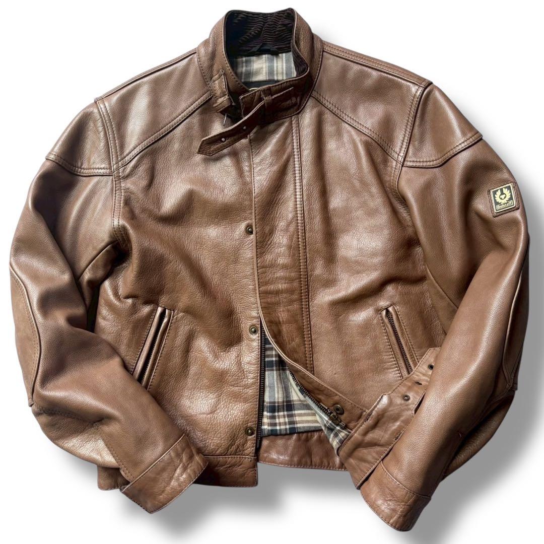 極美品 ベルスタッフ ライダース ロゴプレート チェック 牛革 コーデュロイ 茶