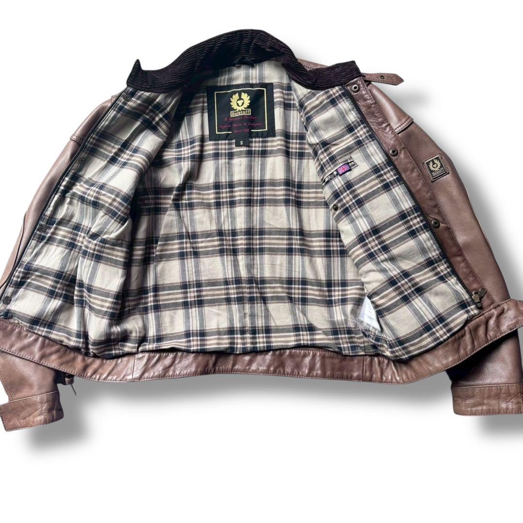 極美品 ベルスタッフ ライダース ロゴプレート チェック 牛革 コーデュロイ 茶