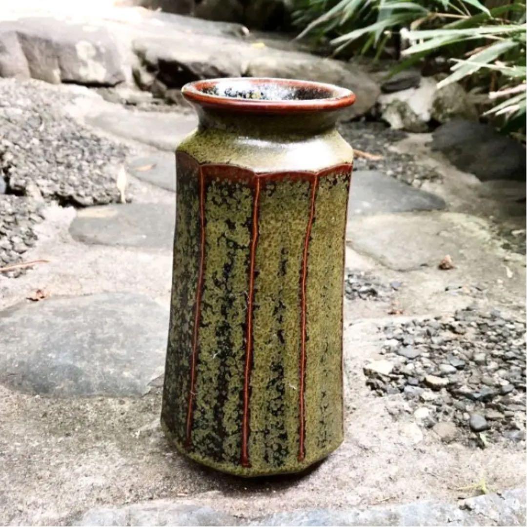 値下げ！骨董 古道具 丹波立杭焼 雅峰窯 窯変面取花器 花入れ　花瓶