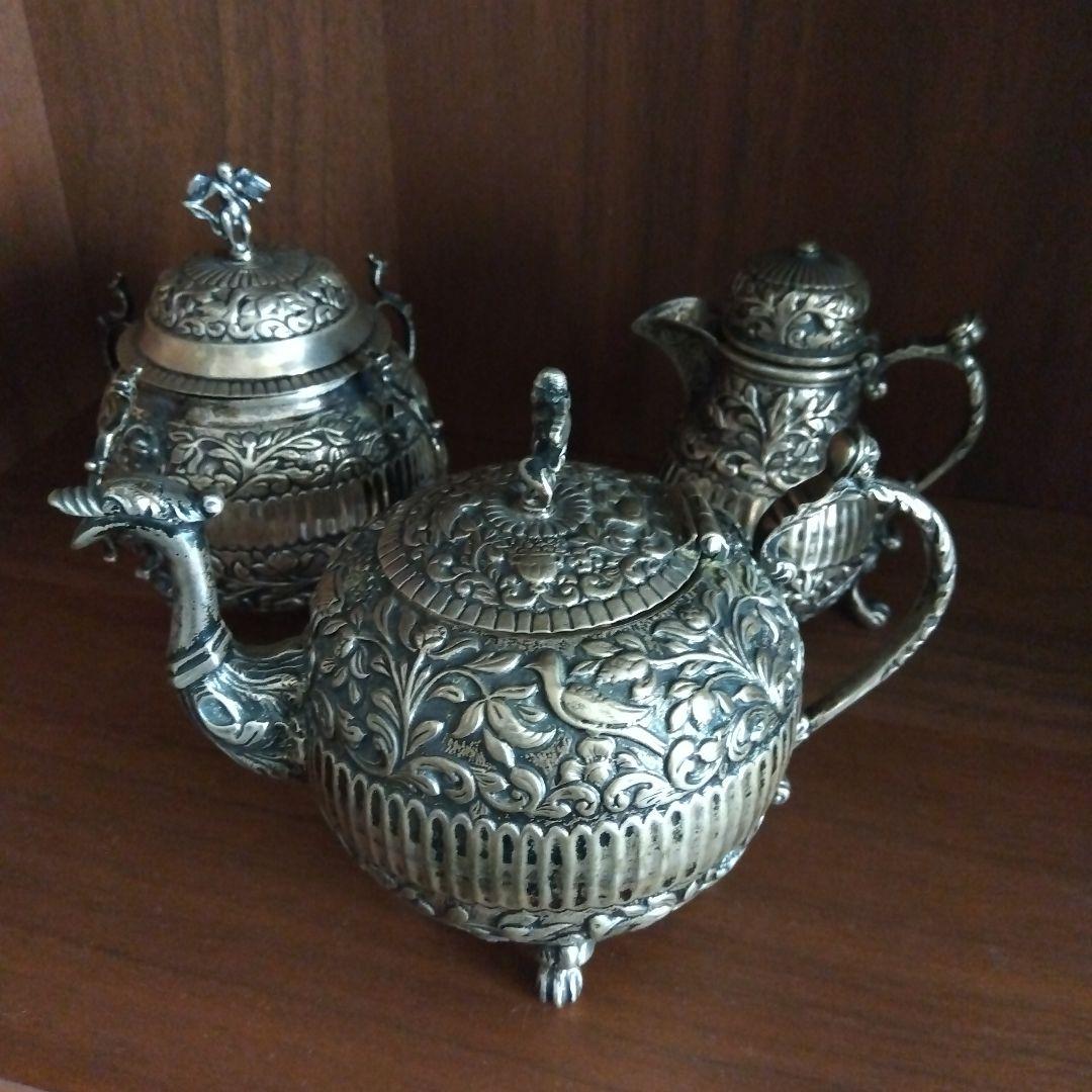 アンティーク ティーセット 銀メッキ 彫刻装飾 ヴィクトリアン風